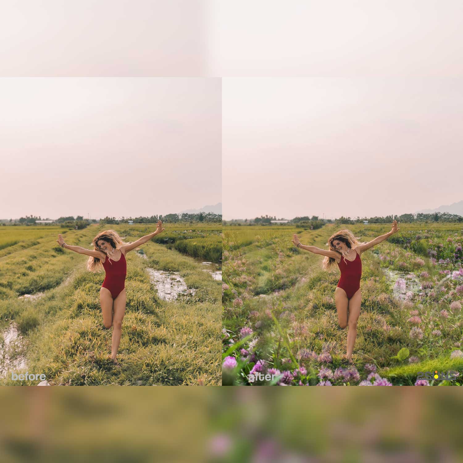 Digital Flower Backdrop Photoshop Overlay Girl Photo Example.