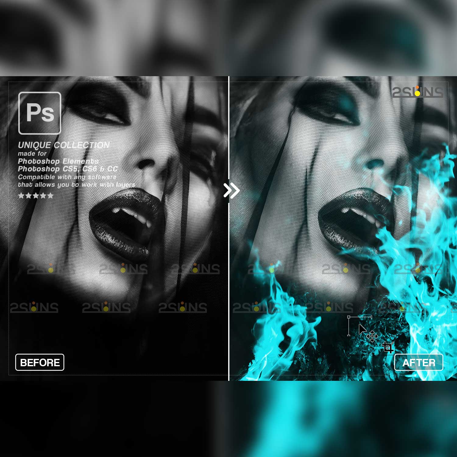 Burn & Neon Fire Photoshop Overlays previews.
