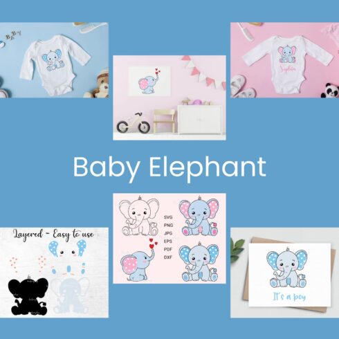 Collage of baby elephant pictures and greeting cards.