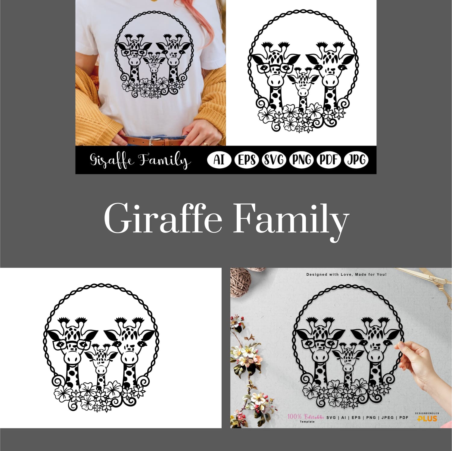 Picture of a girl's face with the words giraffe family on.