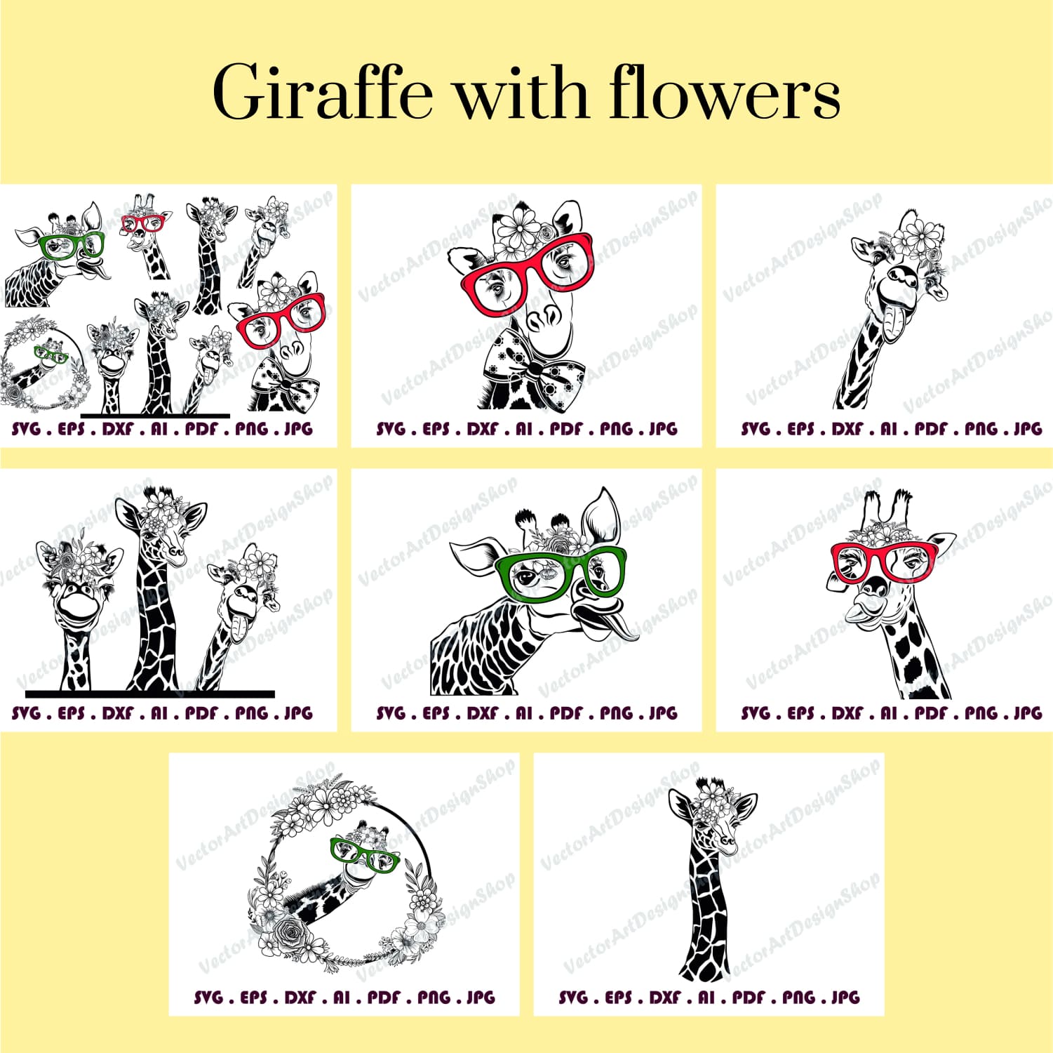 Picture of a giraffe with flowers and glasses.