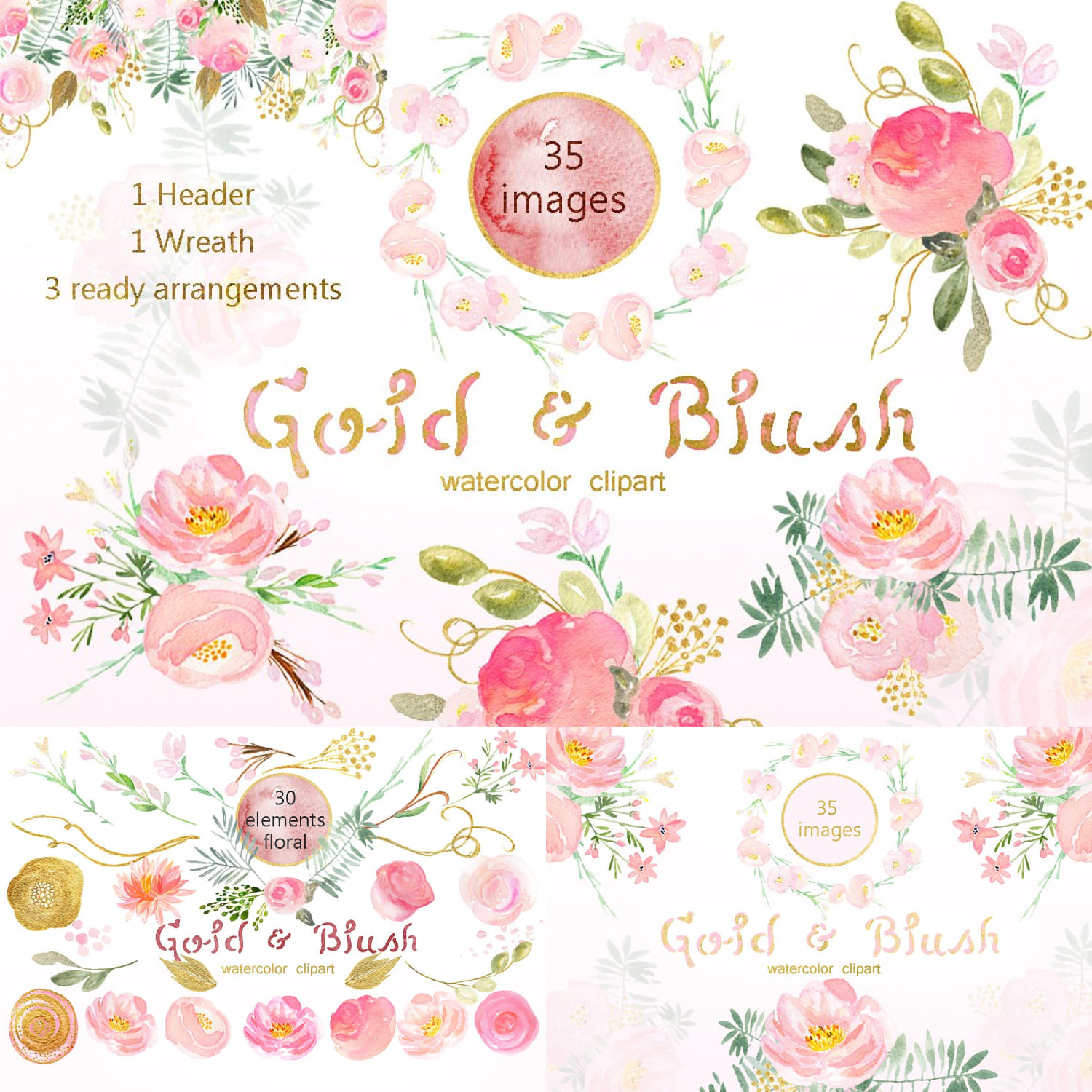Gold & blush watercolor flowers.
