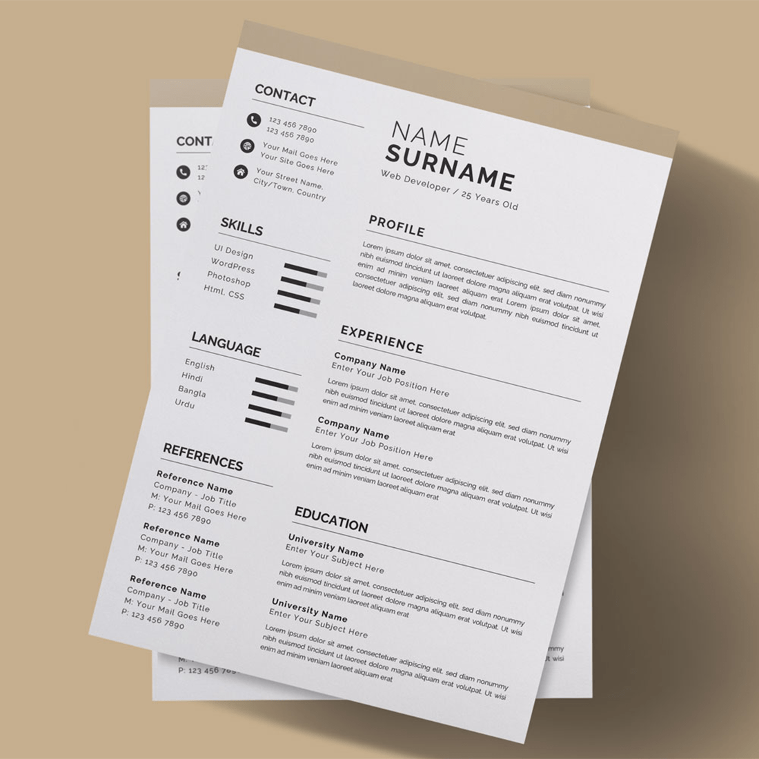 Two resumes stacked on top of each other.