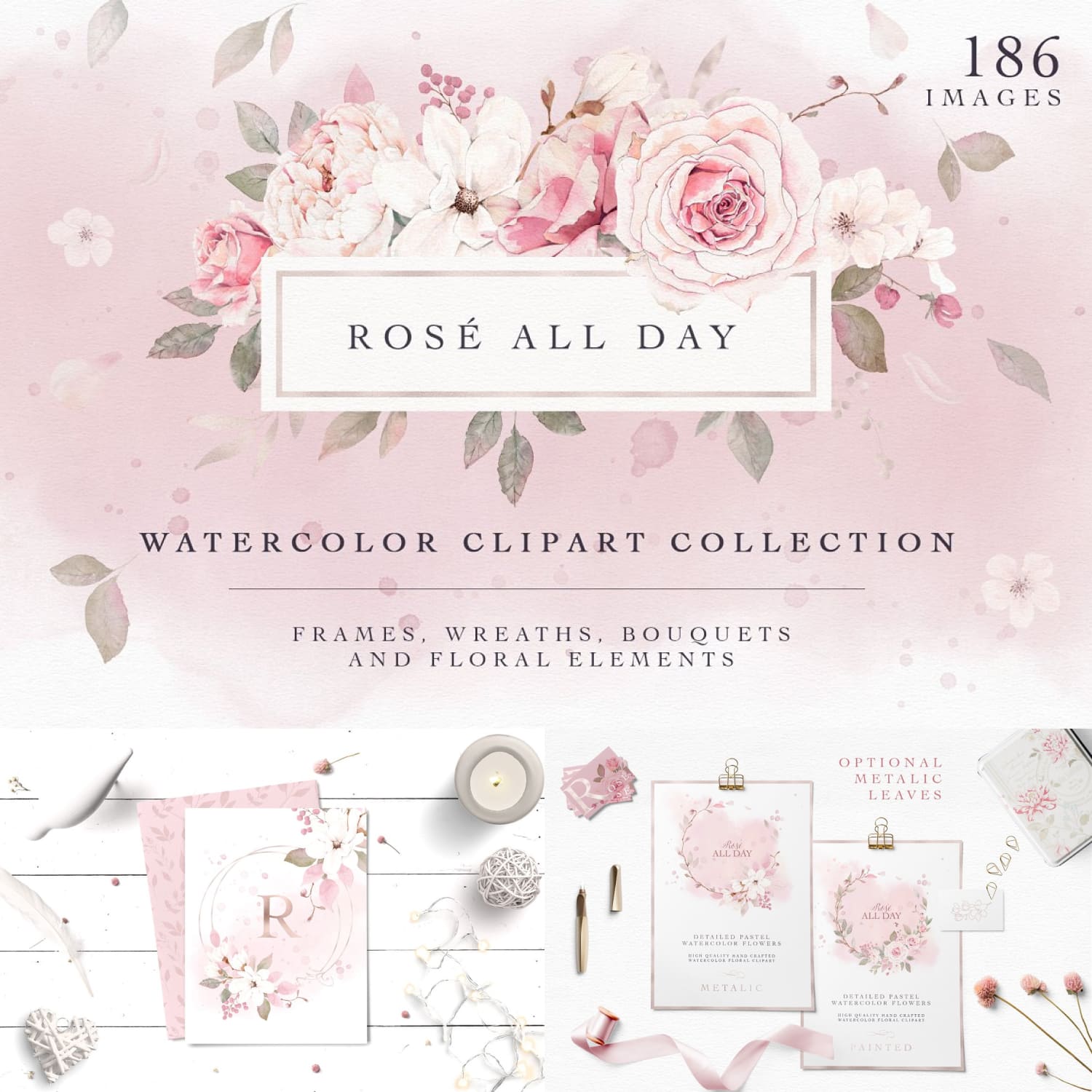 Pretty Pink Rose Watercolor Clipart.