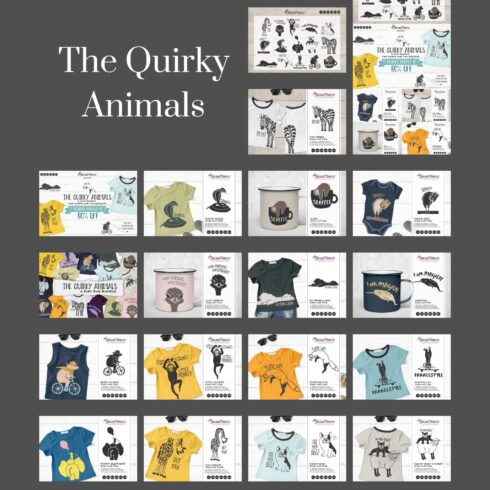 The quirky animals book cover features a grid of images of t - shirts.