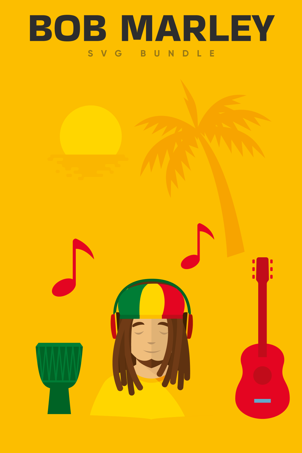Orange background with a palm and red musical instruments.