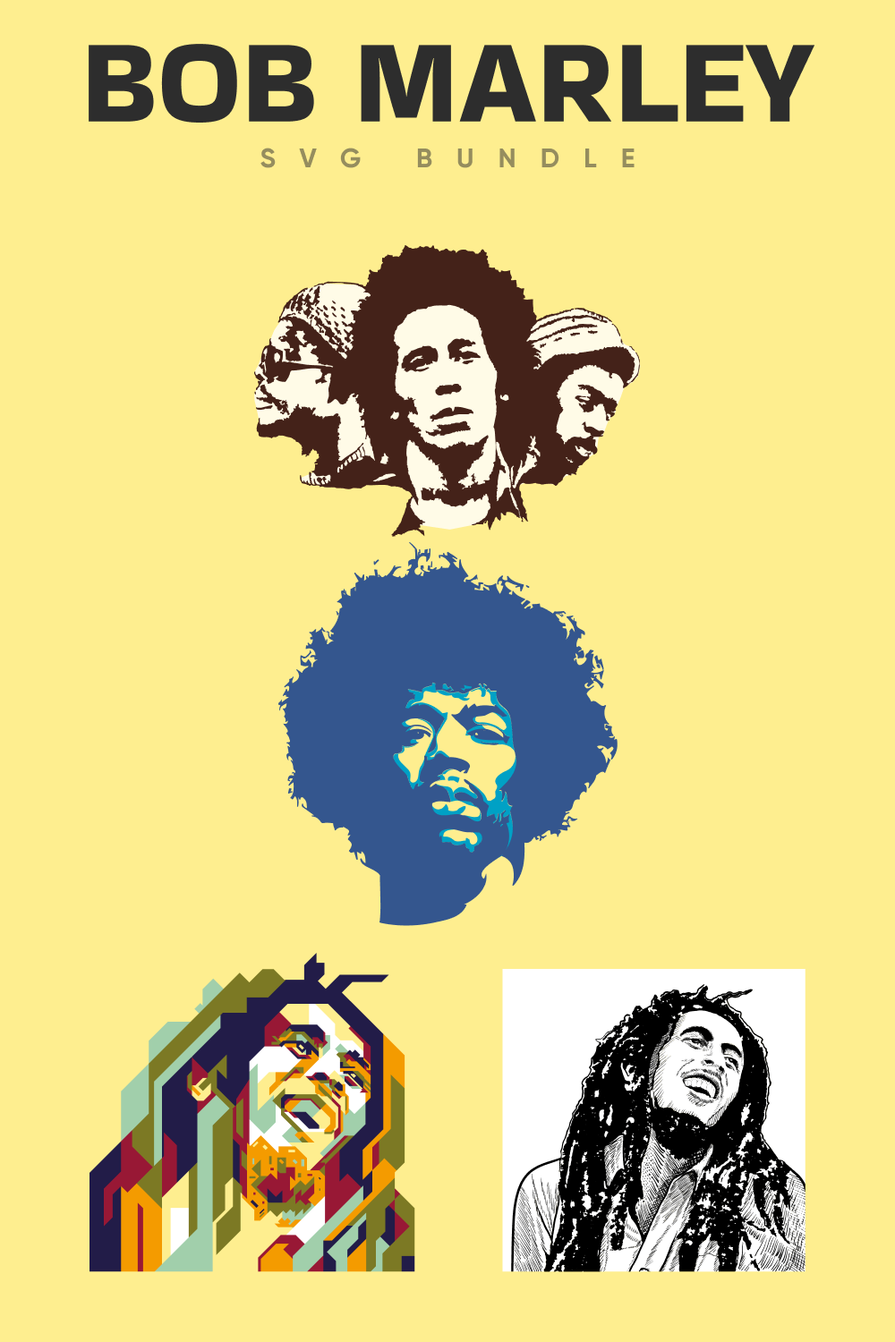 Creative pop art illustration with Bob Marley in the different periods of his life.