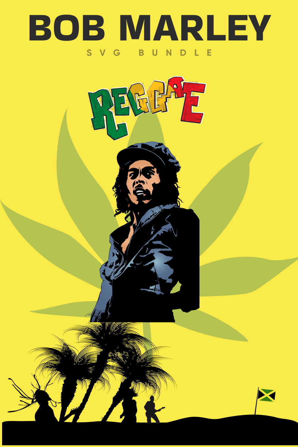 Yellow background with light green leaf and Bob Marley.