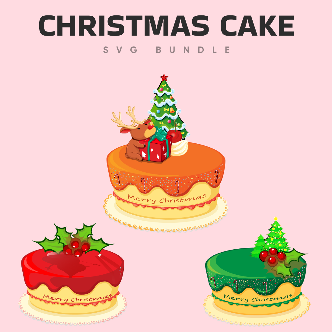 White Christmas Cake with Holly and Berries · Creative Fabrica