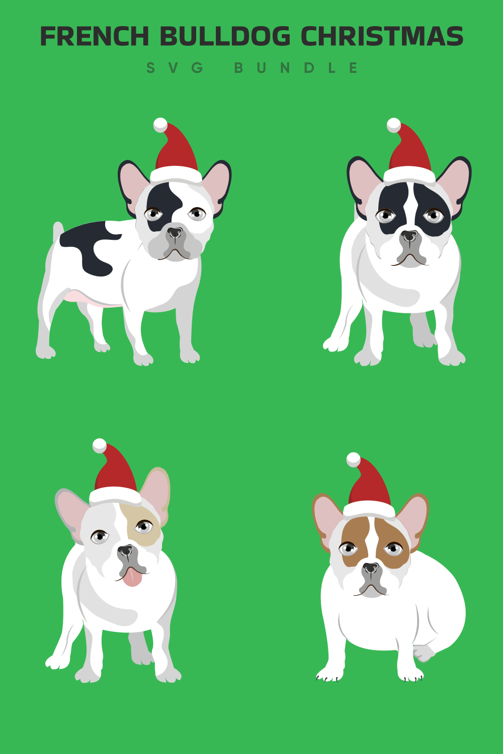 Set of four french bulldogs wearing christmas hats.