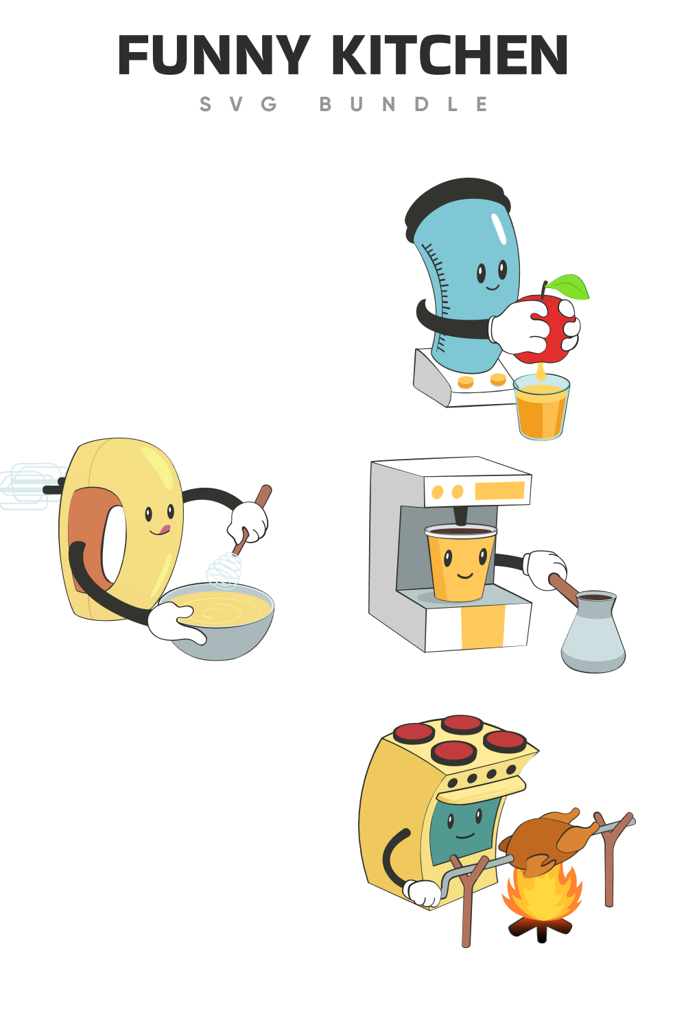 Colorful funny kitchen illustrations.