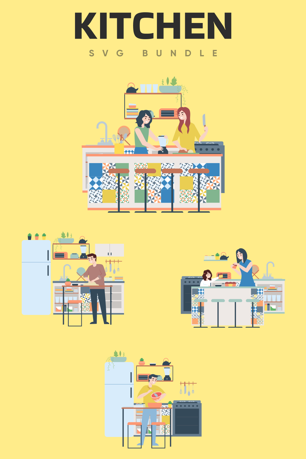 Yellow background with a full kitchen composition.