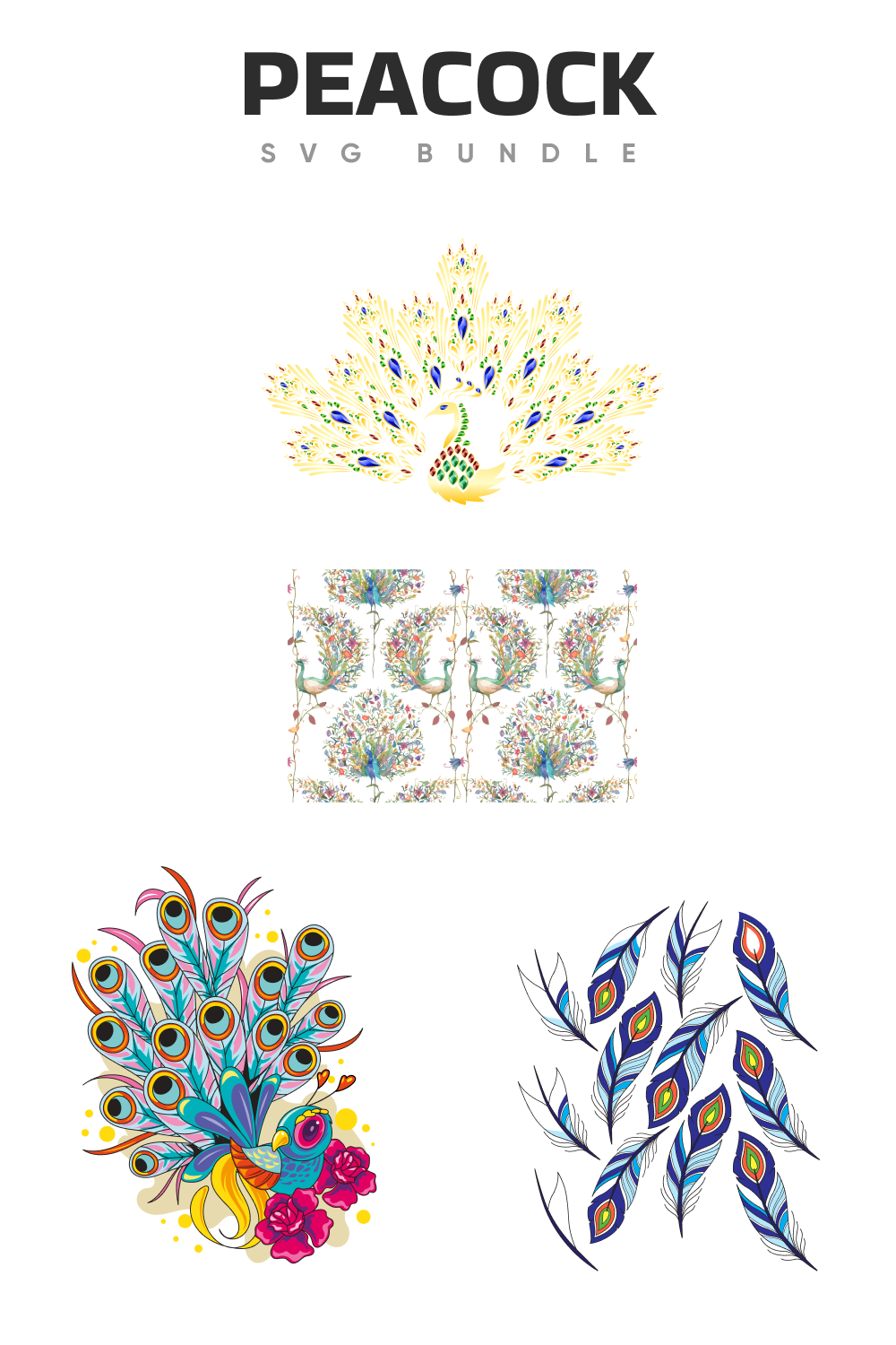 The peacock svg bundle includes four different designs.