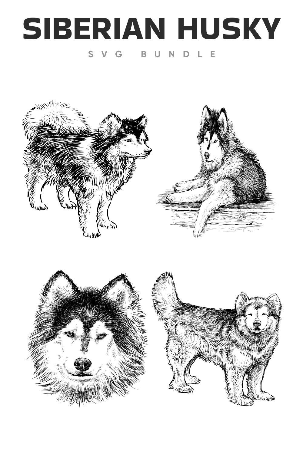 The siberian husky svg bundle is shown in black and white.
