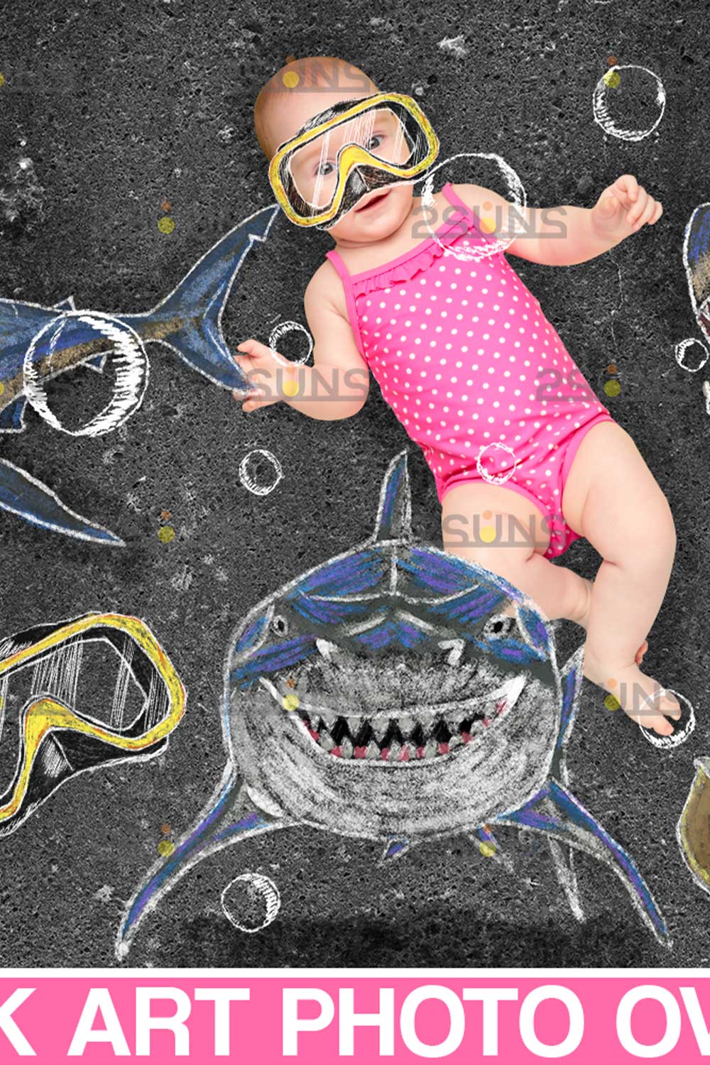 Baby Shark Backdrop And Beach Sidewalk Chalk Art Overlay pinterest image.