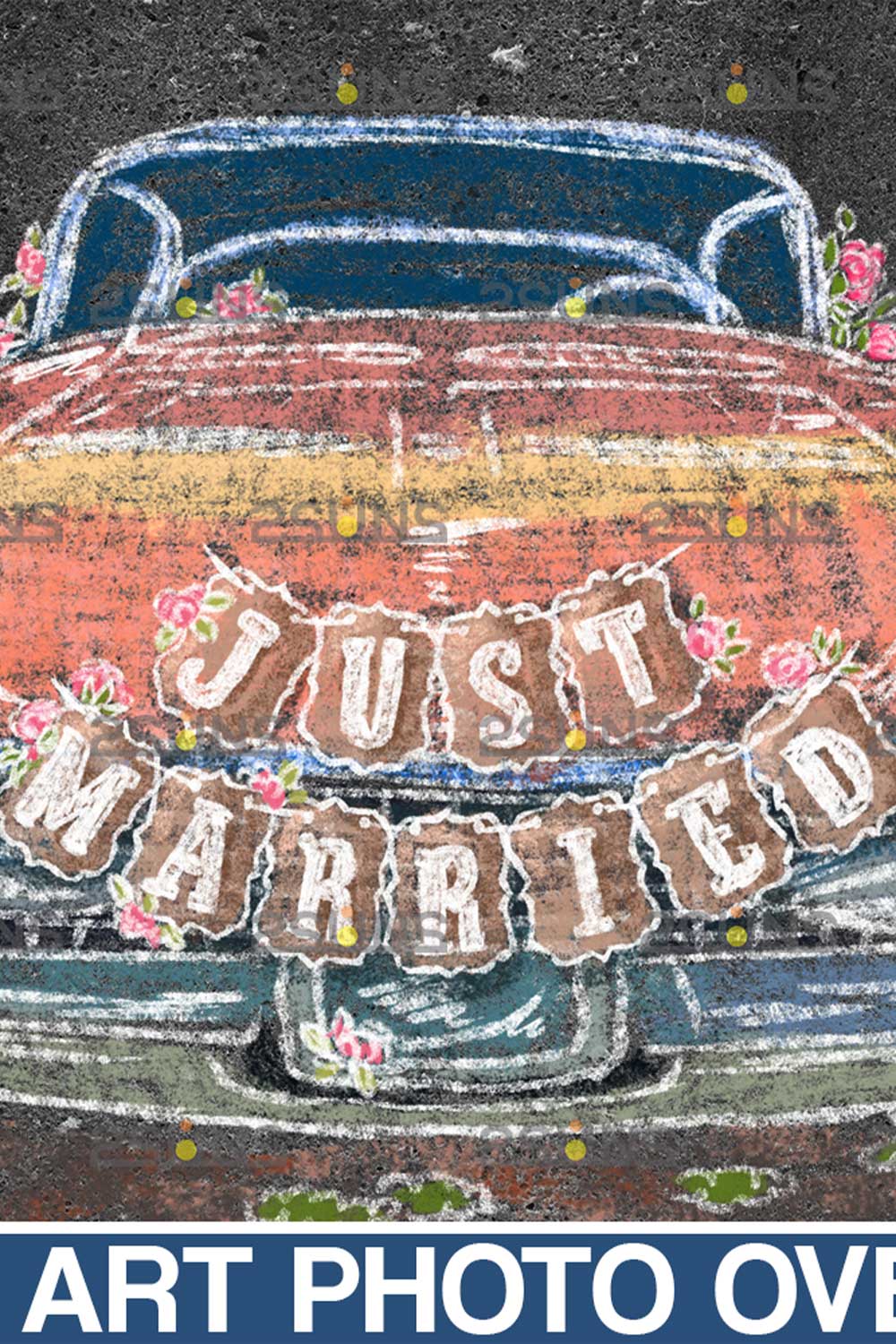 Just Married And Wedding Chalk Art Overlay pinterest image.