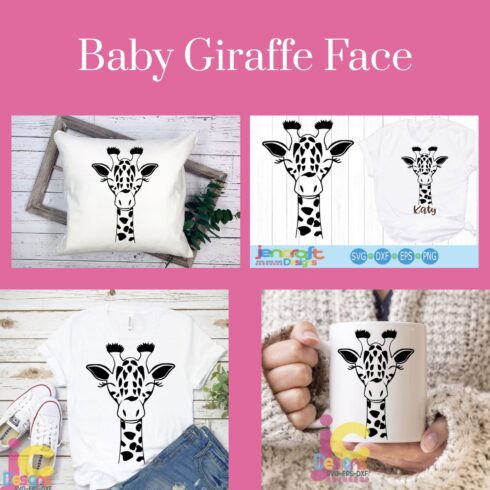 Baby giraffe face on a white shirt.