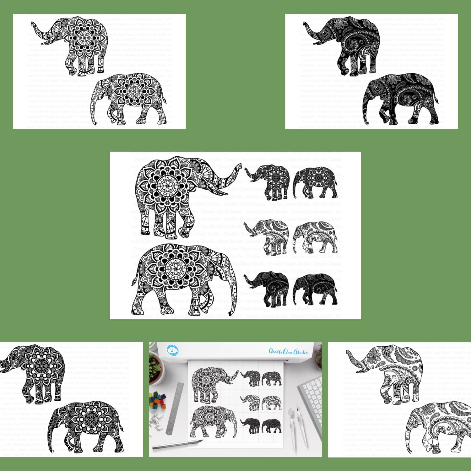 Group of elephants that are on a sheet of paper.