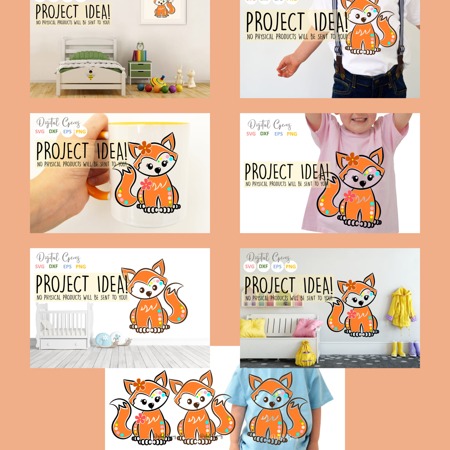 Collage of photos of a child's t - shirt with a fox.