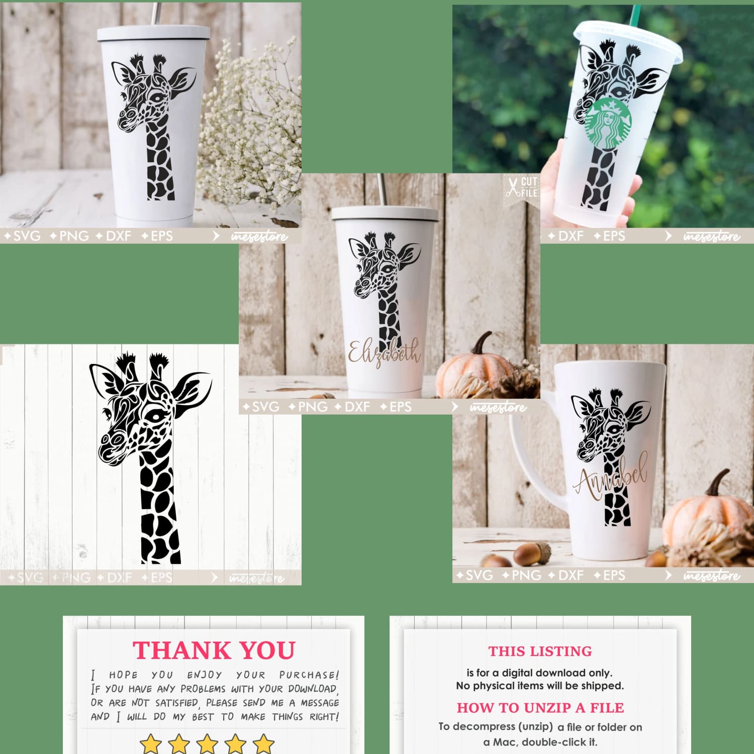 Collage of photos of a starbucks cup with a giraffe design.