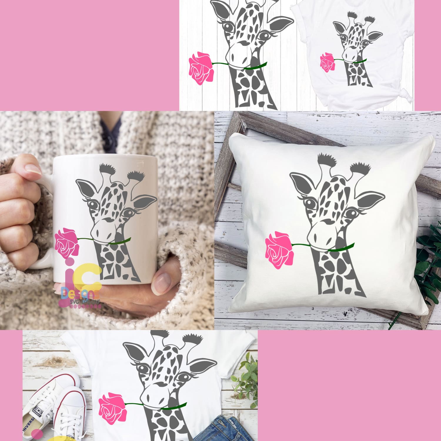Collage of photos of a giraffe holding a coffee mug.