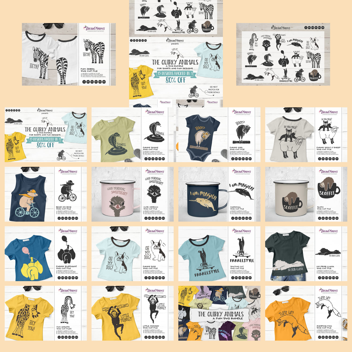 Collage of t - shirts with different designs on them.