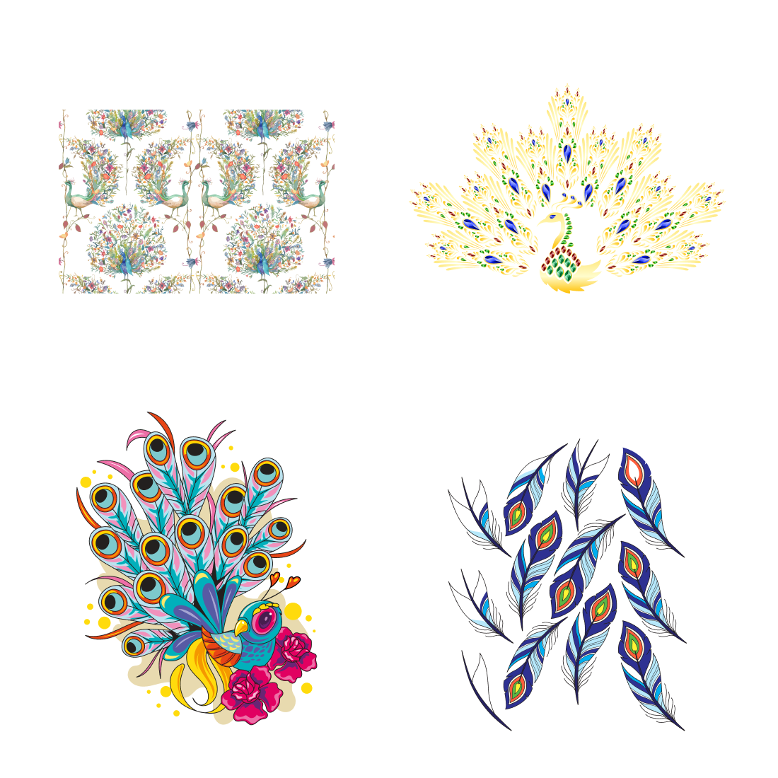 Four different colored designs on a white background.