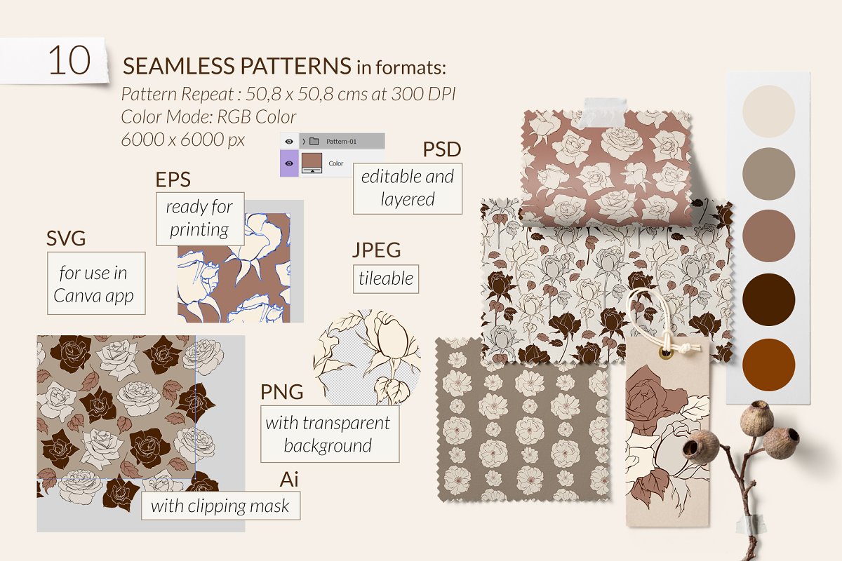 10 seamless patterns in different formats.