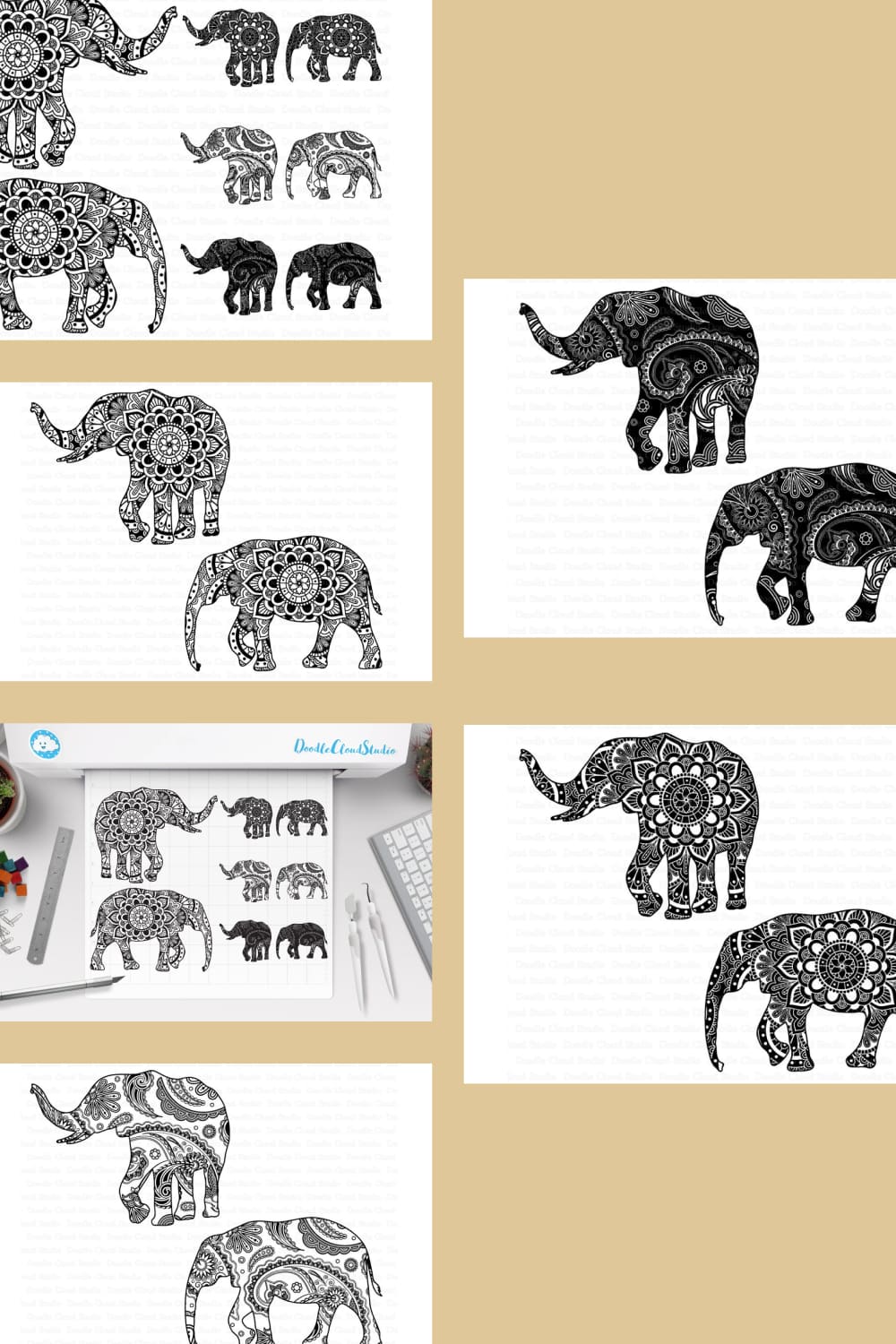 Group of elephants that are drawn in black and white.