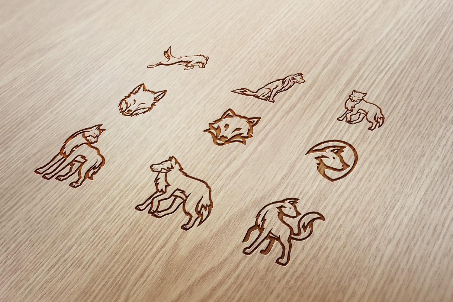 Wooden fox logo elements.