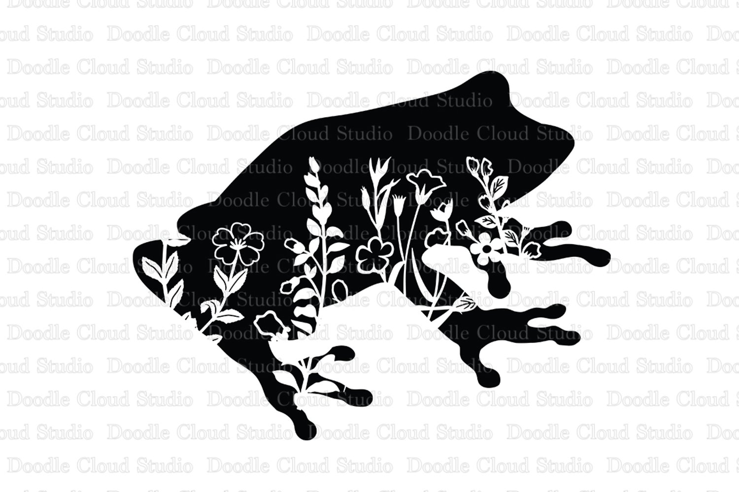 Black and white silhouette of a frog with flowers.