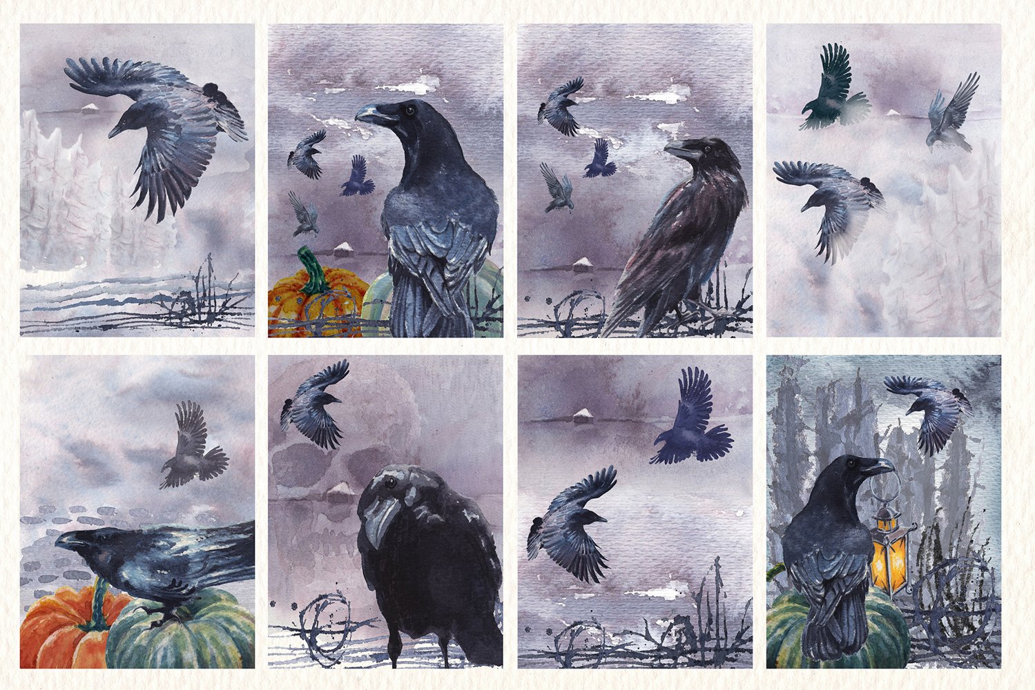 Watercolor pictures with ravens.