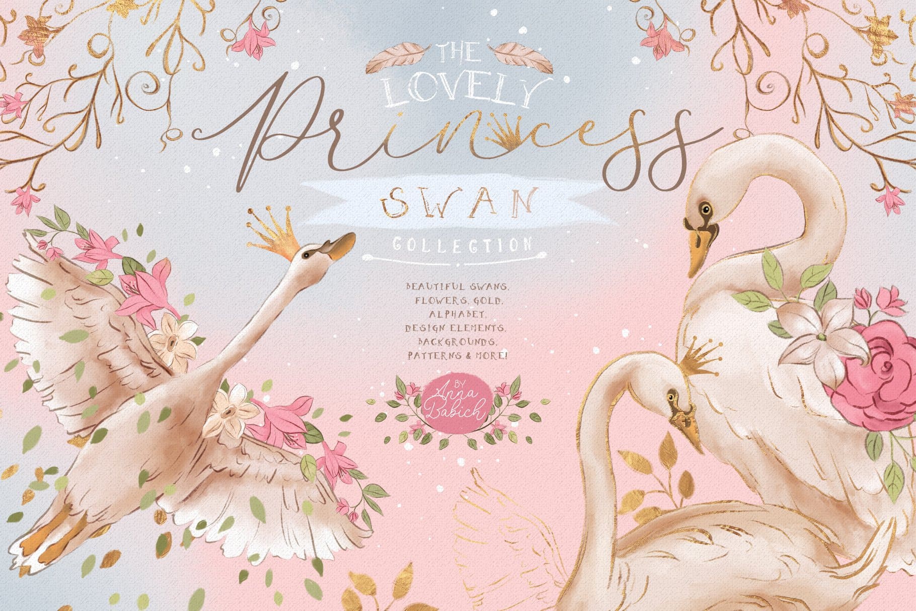 Delicate princess swan set with a gold font.