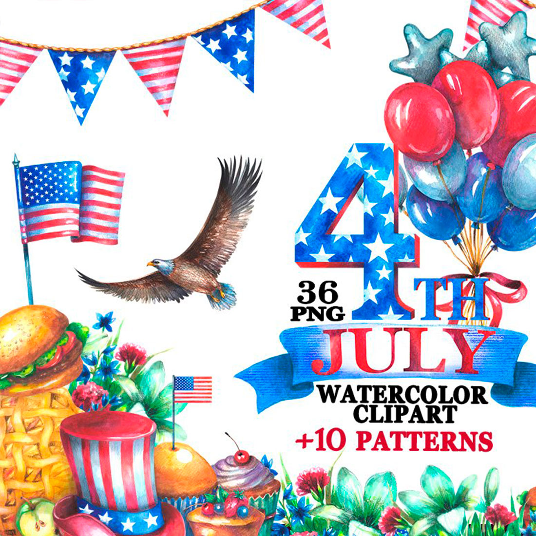 Watercolor 4th of July Clipart previews.