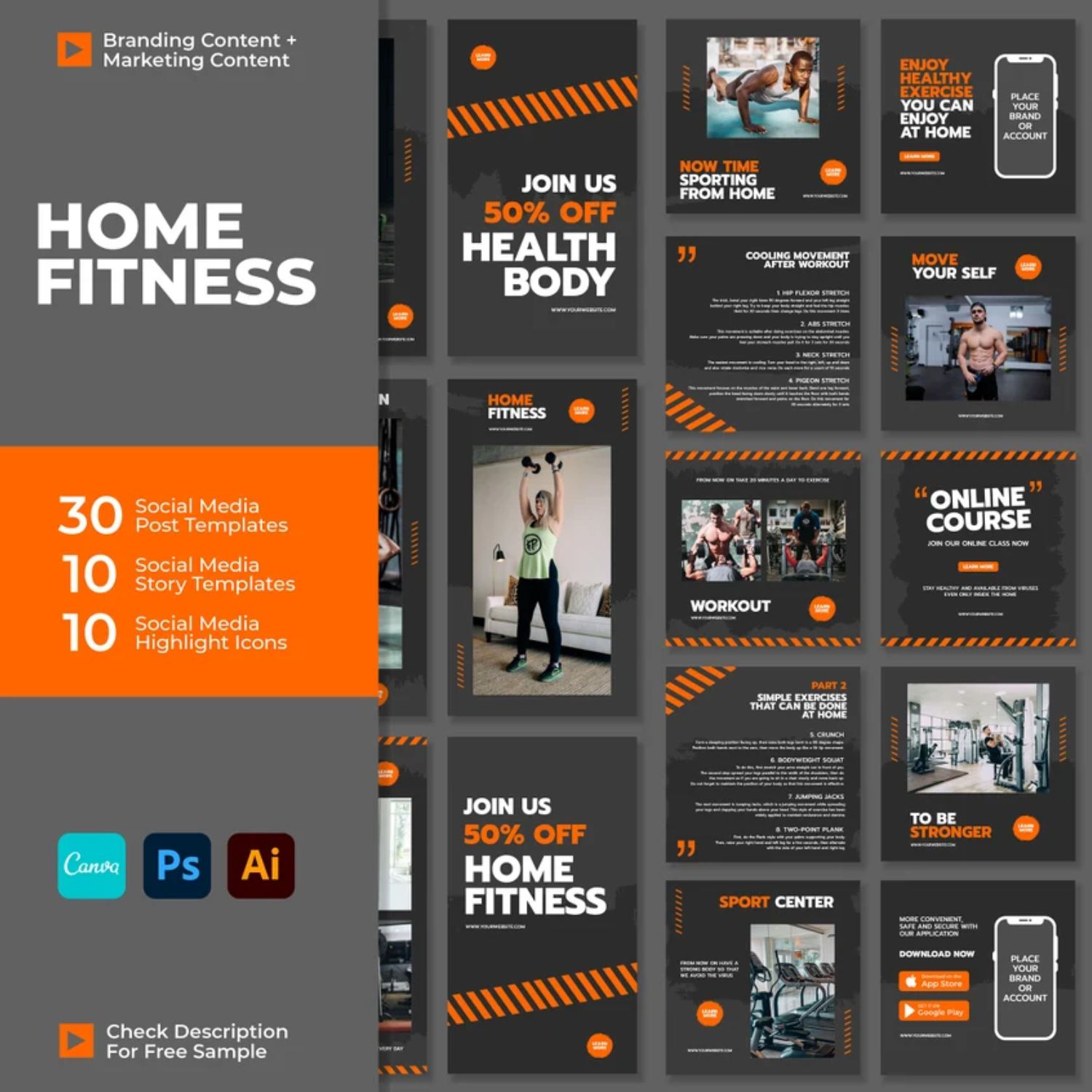 Home Fitness Story and Icon Social Media Template Canva Photoshop Illustrator Cover Image.
