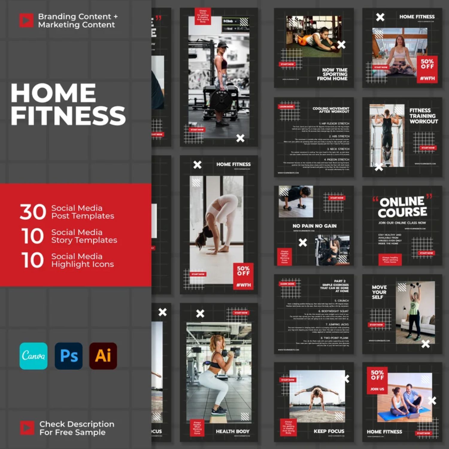 Home Fitness Story and Icon Social Media Template Cover Image.