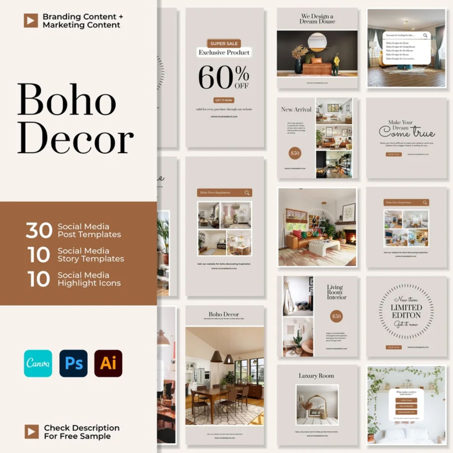 Boho Decor Story And Icon Social Media Template Canva Photoshop Illustrator Cover Image.