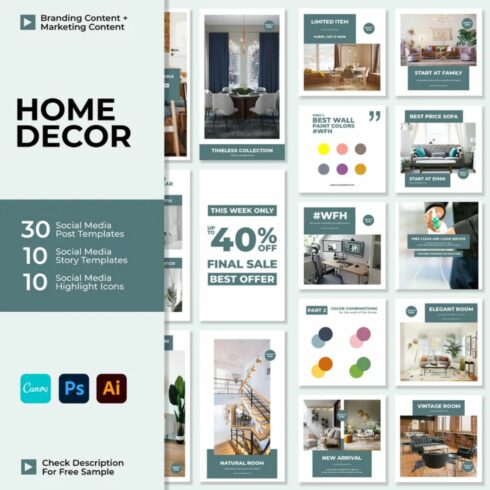 Home Decor Story And Icon Social Media Template Canva Photoshop Illustrator Cover Image.