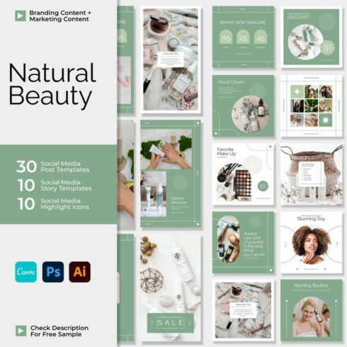 Natural Beauty And Skincare Instagram Marketing Templates Canva Photoshop Illustrator Cover Image.