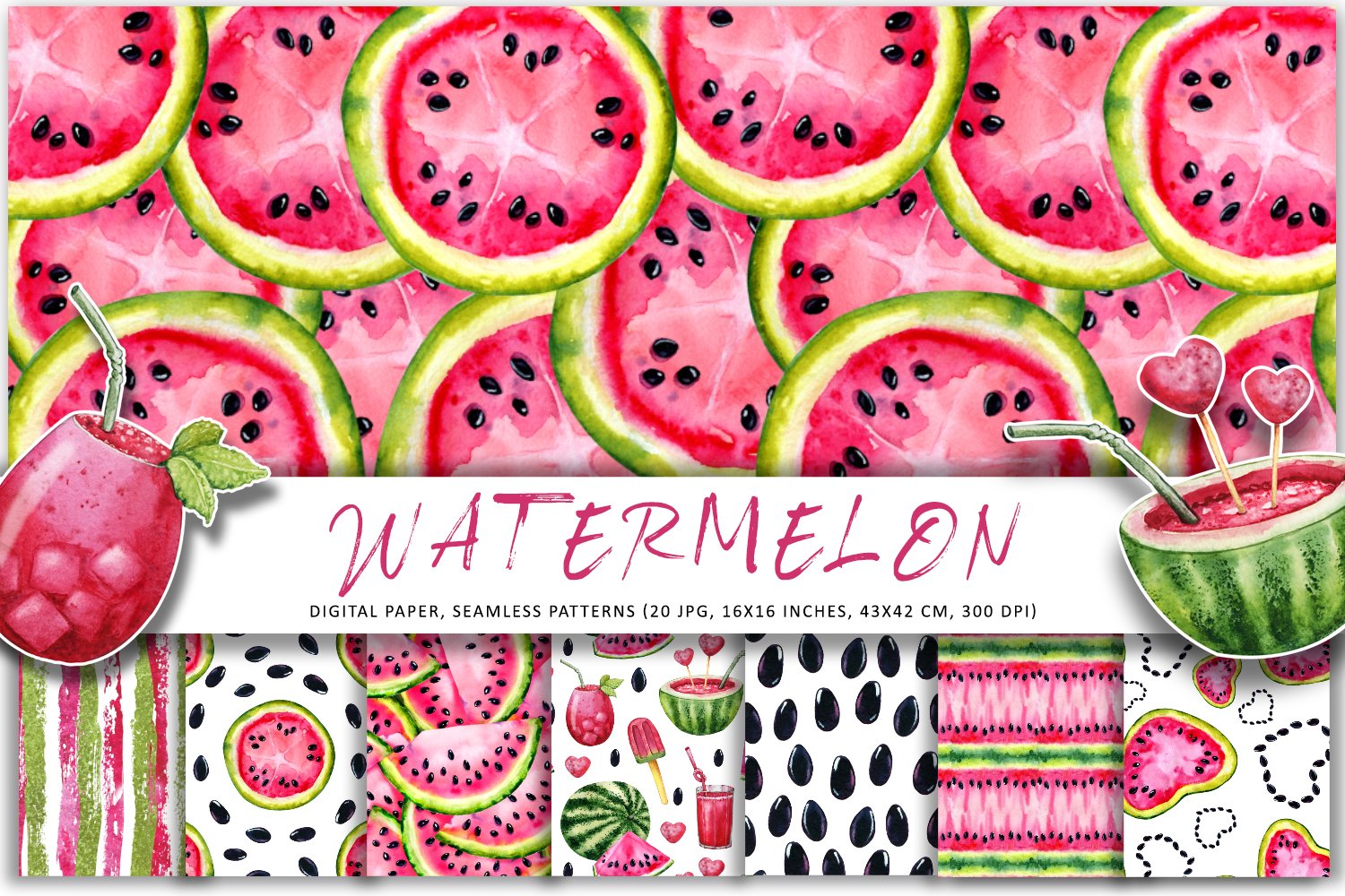 Diverse of watermelon seamless patterns.