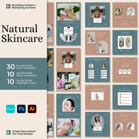 Natural Skincare Content Canva Template Story And Post Template Cover Image.