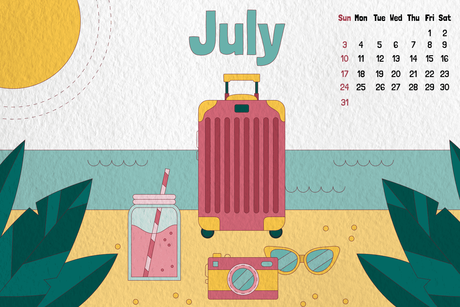Calendar with drawn sea, sun, suitcase and glasses.