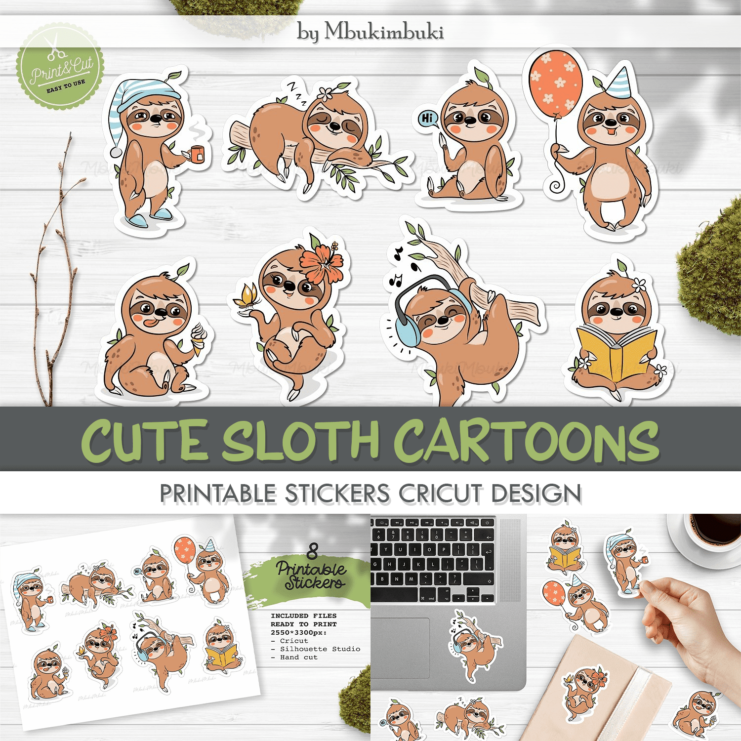 Set of cute sloth cartoon stickers.