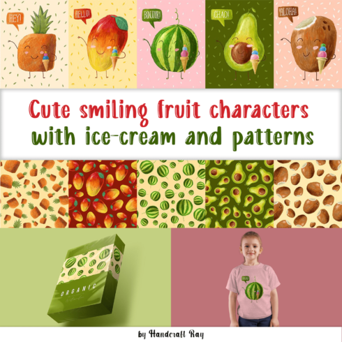 Cute smiling fruit characters with ice cream and patterns - main image preview.