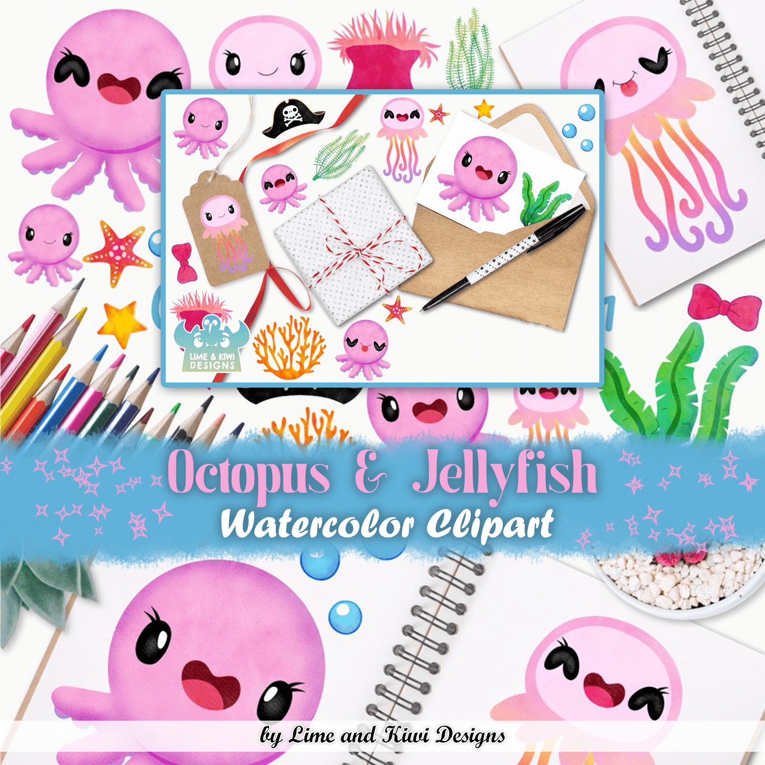 Octopus & Jellyfish 1 Watercolor Clipart, Instant Download.
