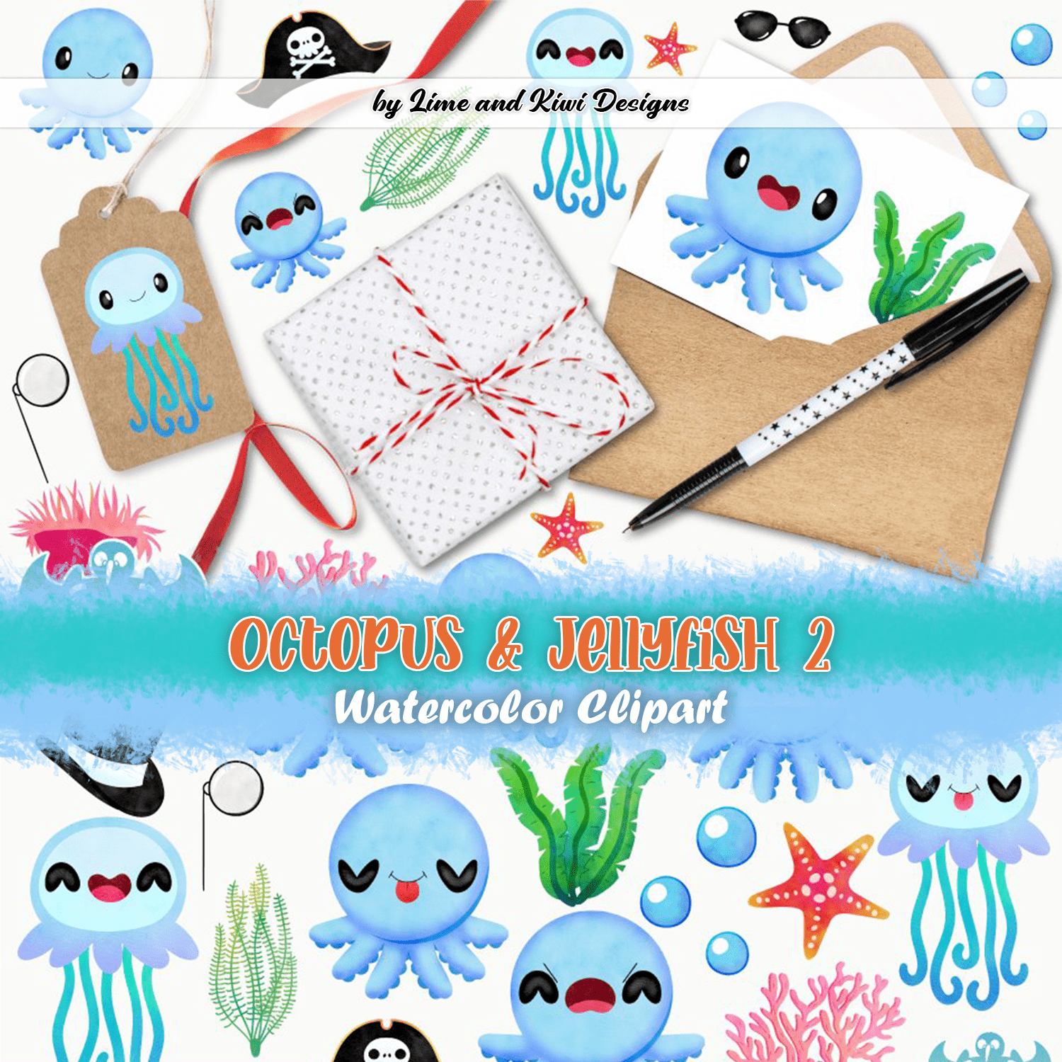 Octopus & Jellyfish 2 Watercolor Clipart, Instant Download cover.