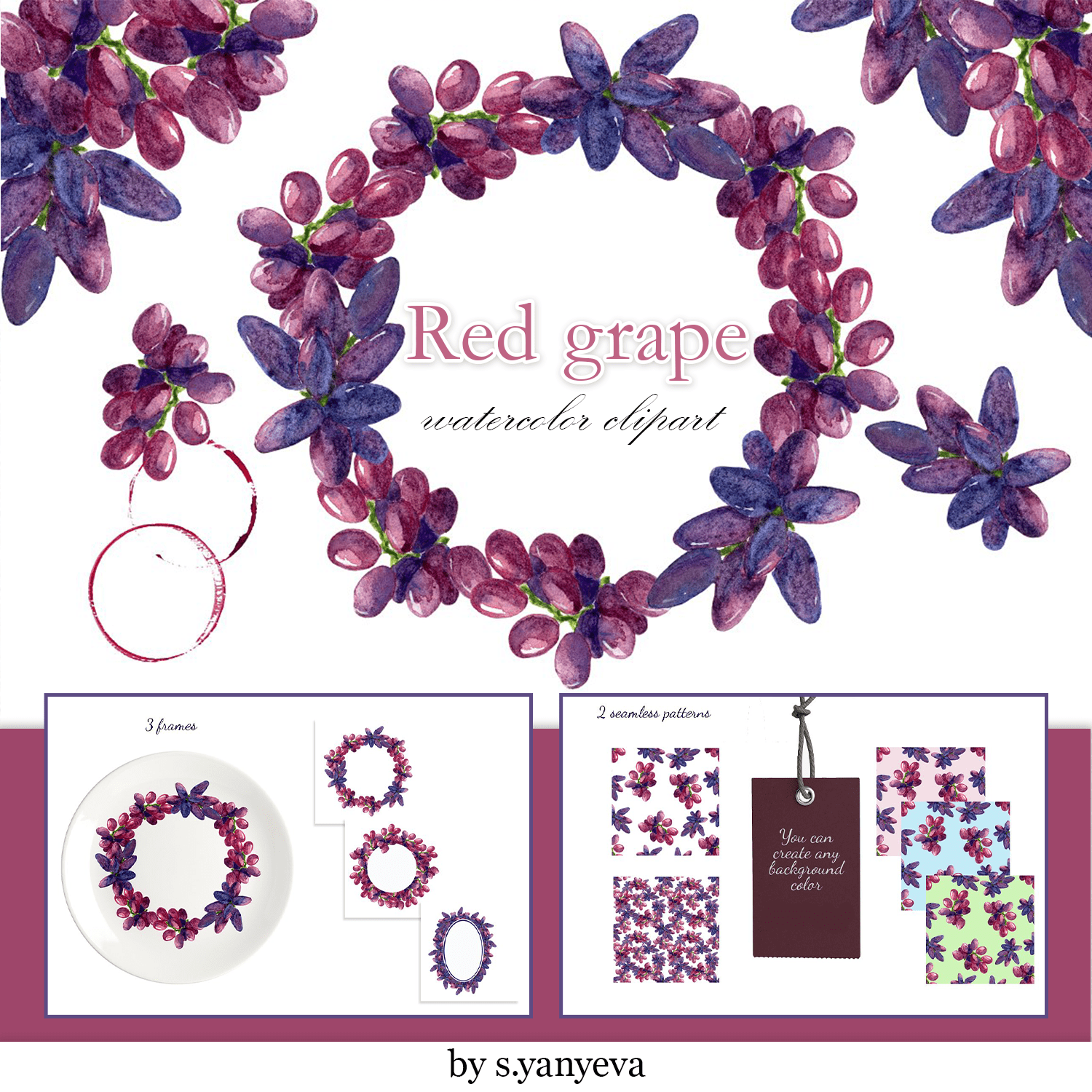 Red grape watercolor clipart - main image preview.