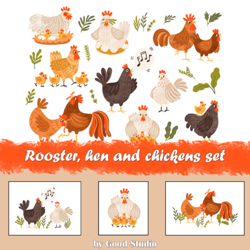 Rooster, hen and chickens set.