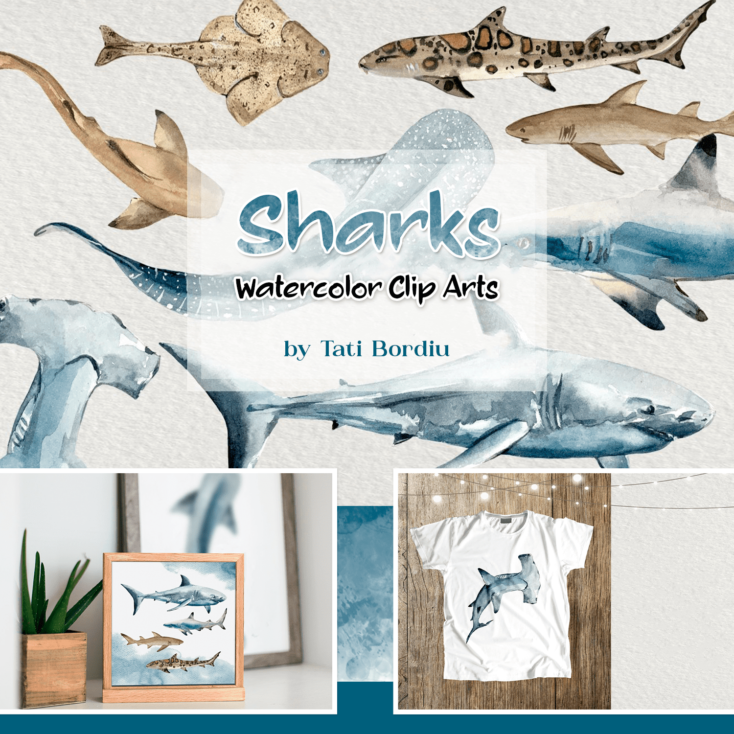 Sharks - Watercolor Clip Arts cover.