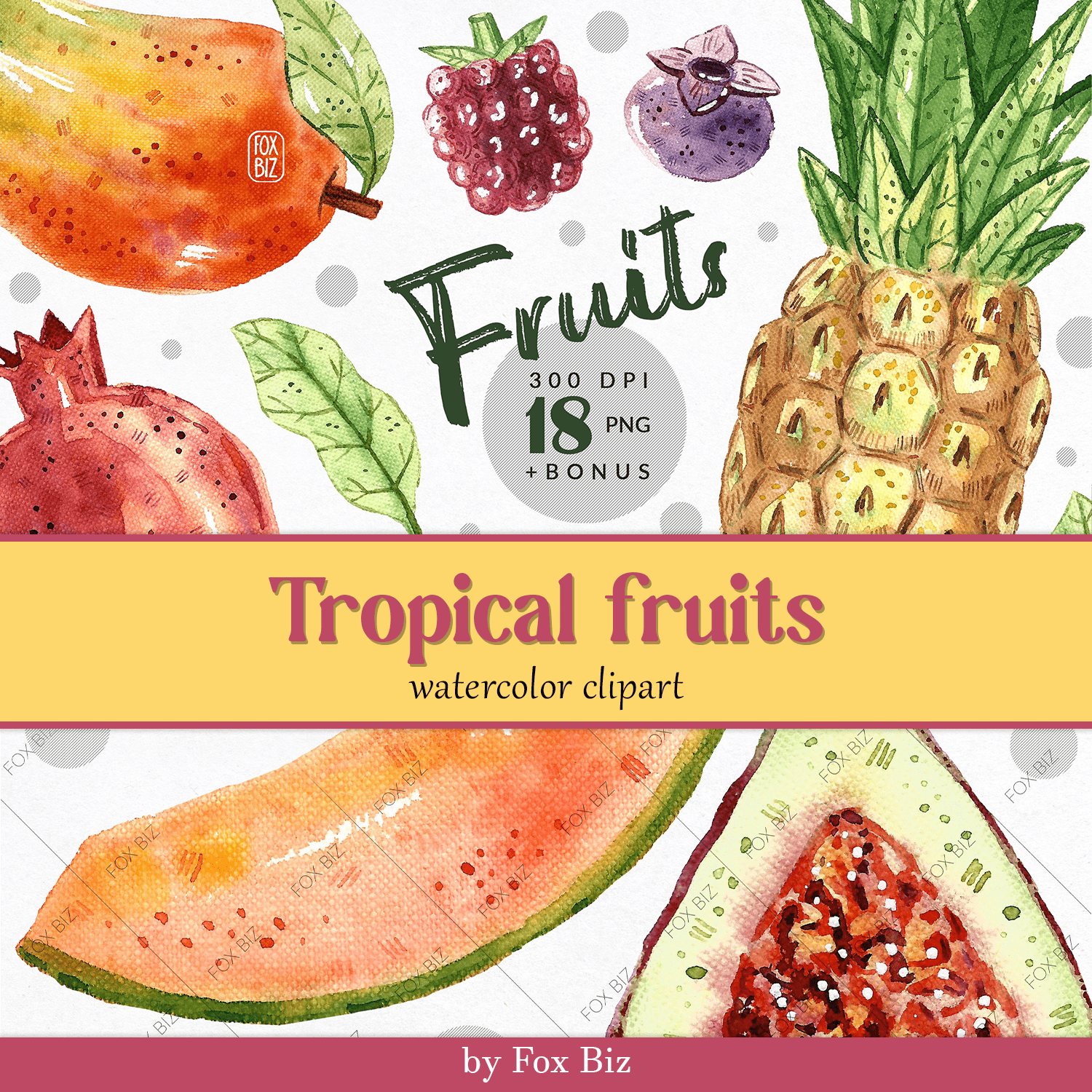 Tropical fruits watercolor clipart - main image preview.